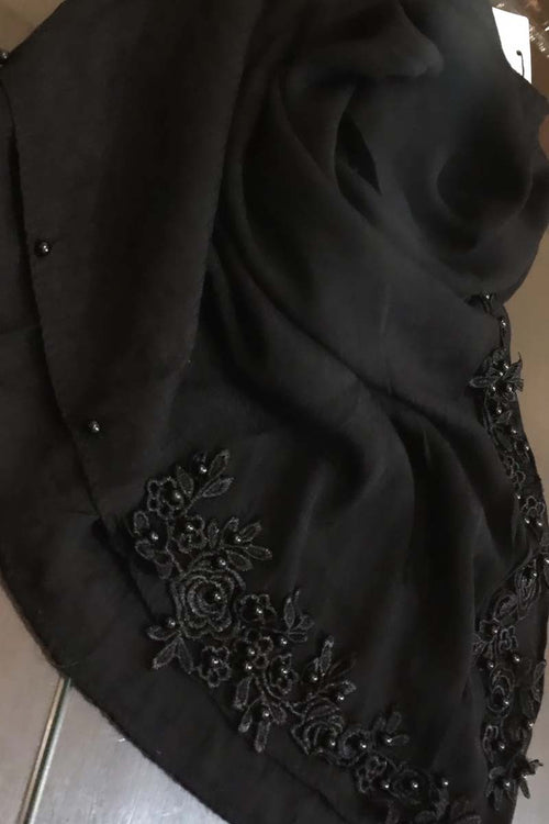 Black | Floral Corner Lace and Pearl Hijab