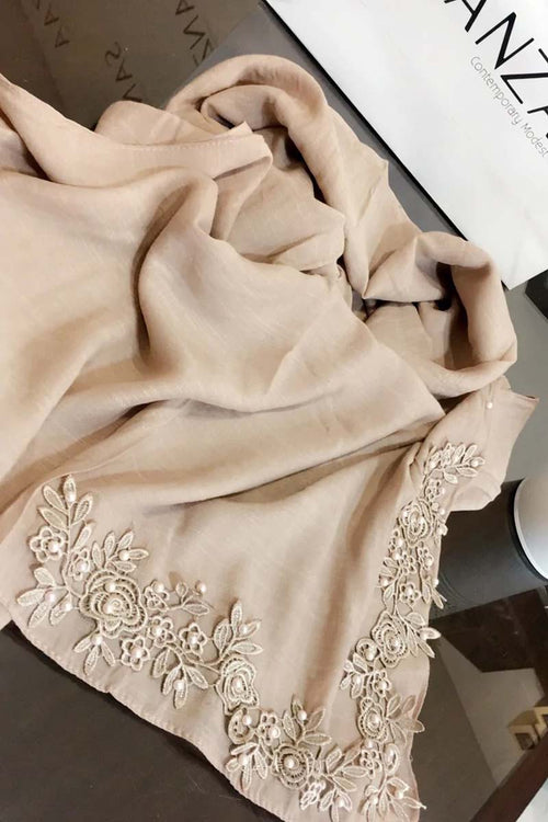 Dusky Almond with hint of pink | Floral Corner Lace and Pearl Hijab