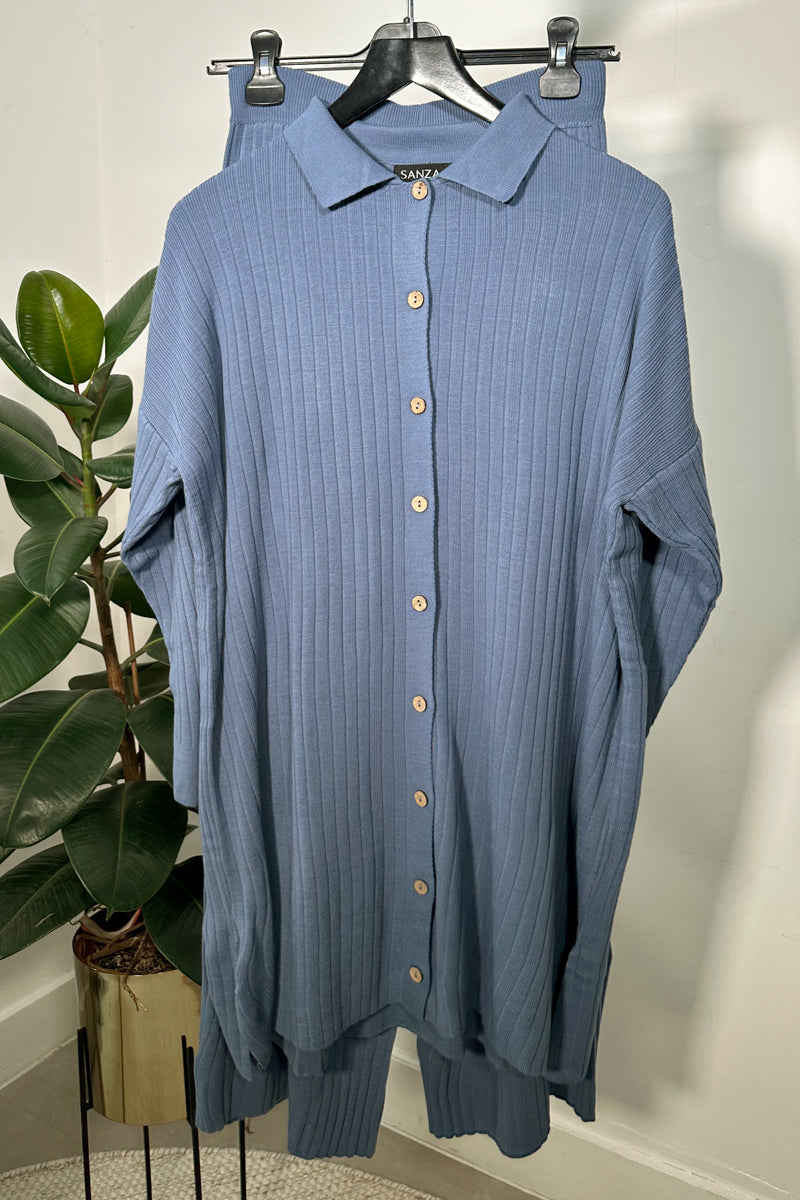 Button Shirt Knit Co-Ord Set Blue