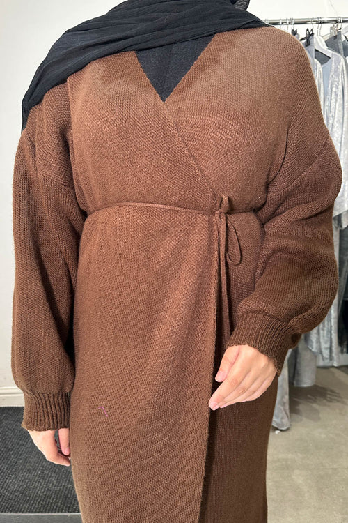 KNIT WRAP DRESS BROWN