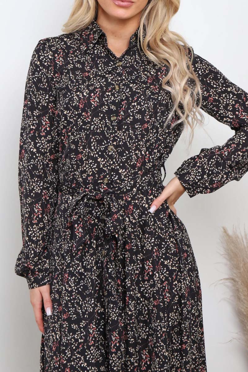 Blossom Print Midmaxi Shirt Dress - Black