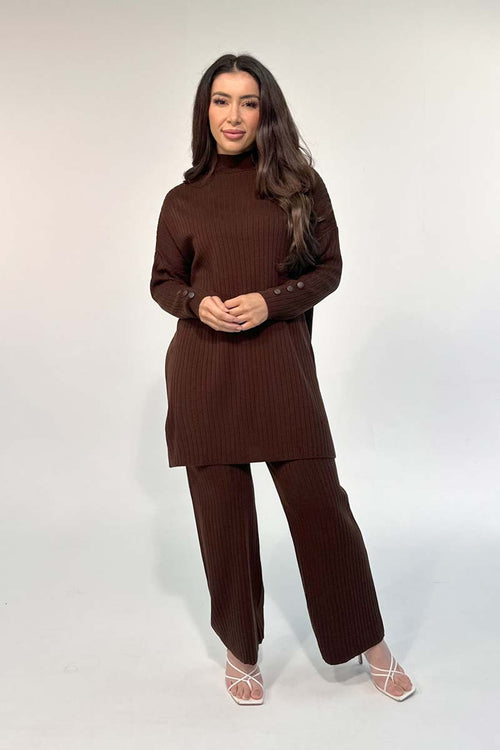 BUTTON SLEEVE CO-ORD BROWN