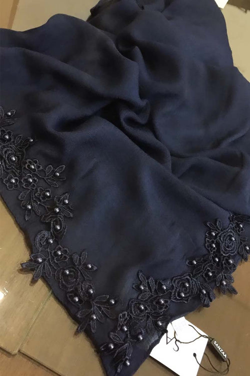Navy | Floral corner Lace and Pearl Hijab