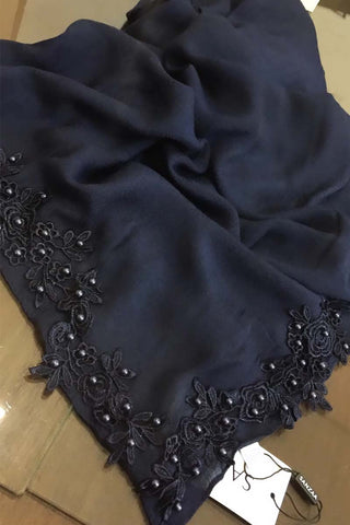 Black | Floral Corner Lace and Pearl Hijab