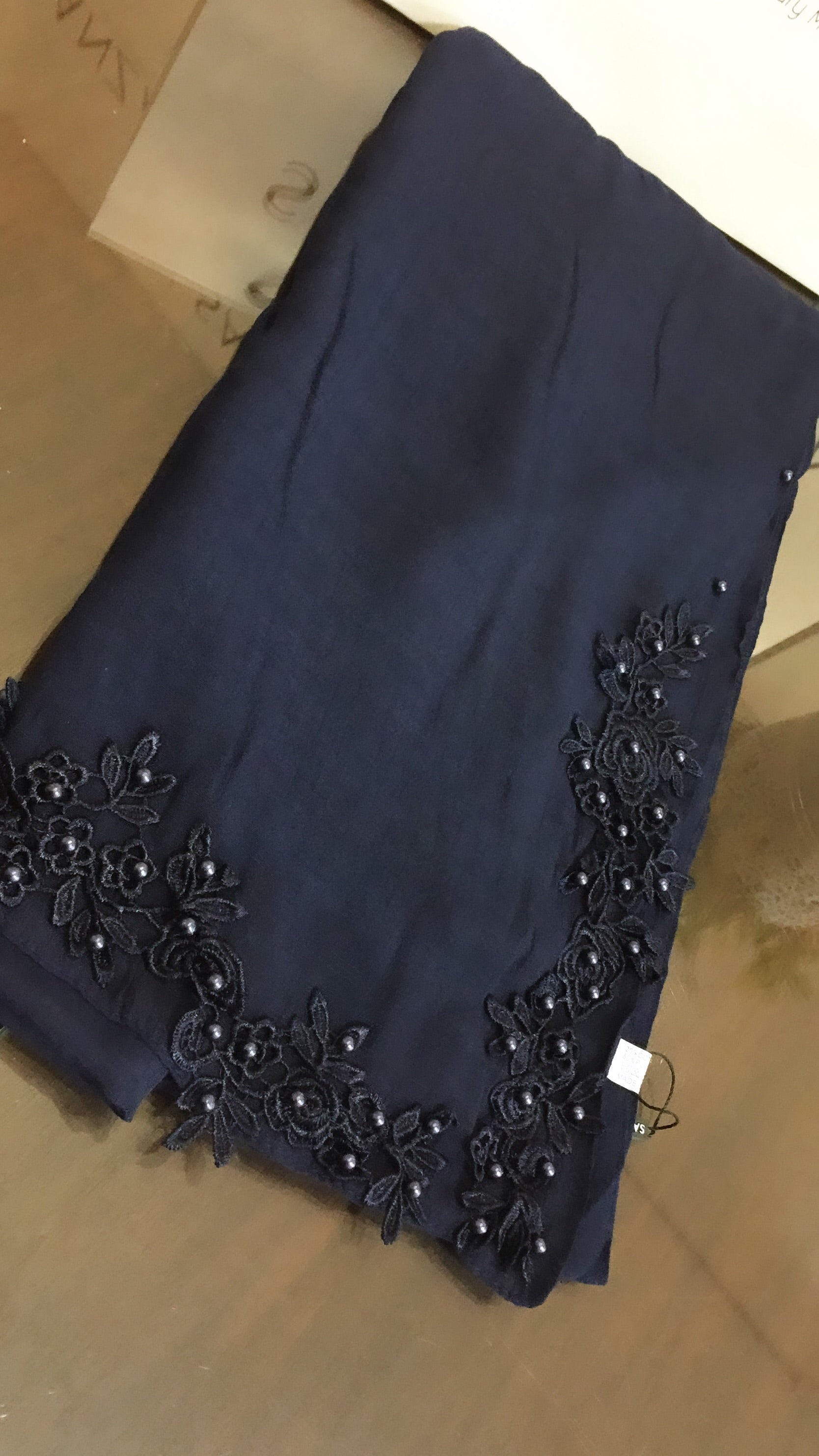 Navy | Floral corner Lace and Pearl Hijab