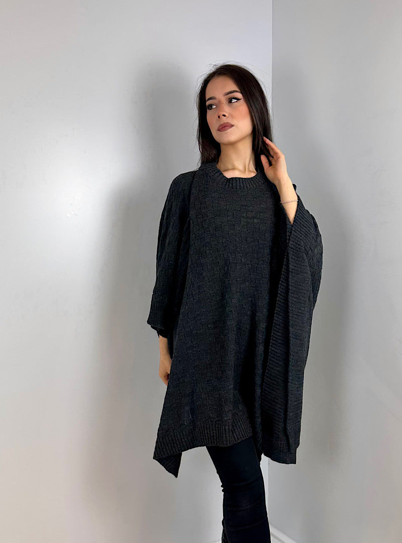 Textured Poncho Charcoal Grey